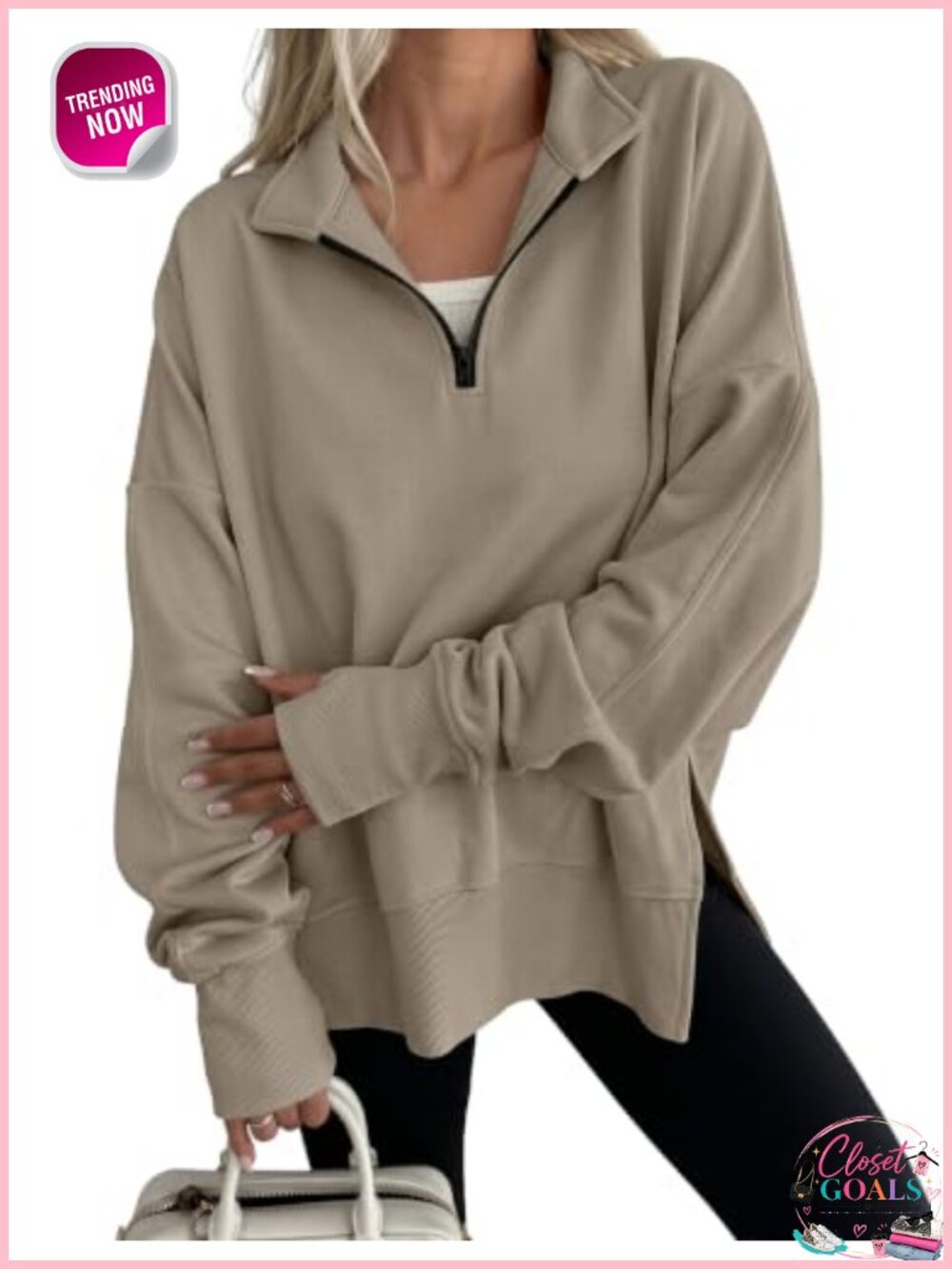 Oversized Quarter Zip Pullover Sweatshirt with Stand Collar and Side Slits